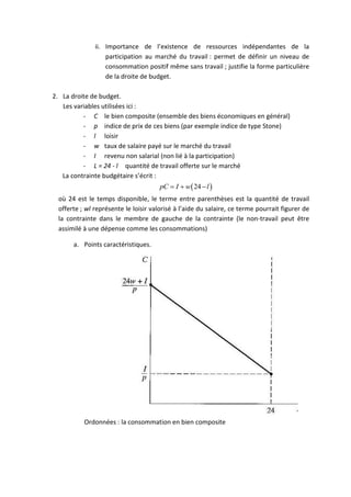ii. Importance de l’existence de ressources indépendantes de la 
participation au marché du travail : permet de définir un niveau de 
consommation positif même sans travail ; justifie la forme particulière 
de la droite de budget. 
2. La droite de budget. 
Les variables utilisées ici : 
- C le bien composite (ensemble des biens économiques en général) 
- p indice de prix de ces biens (par exemple indice de type Stone) 
- l loisir 
- w taux de salaire payé sur le marché du travail 
- I revenu non salarial (non lié à la participation) 
- L = 24 - l quantité de travail offerte sur le marché 
La contrainte budgétaire s’écrit : 
pC  I  w24l  
où 24 est le temps disponible, le terme entre parenthèses est la quantité de travail 
offerte ; wl représente le loisir valorisé à l’aide du salaire, ce terme pourrait figurer de 
la contrainte dans le membre de gauche de la contrainte (le non-travail peut être 
assimilé à une dépense comme les consommations) 
a. Points caractéristiques. 
Ordonnées : la consommation en bien composite 
 