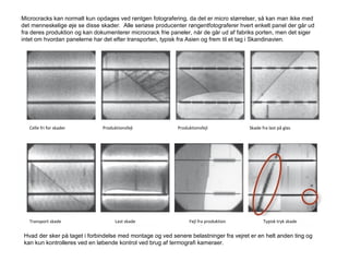Celle fri for skader Produktionsfejl Produktionsfejl Skade fra last på glas
Transport skade Last skade Fejl fra produktion Typisk tryk skade
Microcracks kan normalt kun opdages ved røntgen fotografering, da det er micro størrelser, så kan man ikke med
det menneskelige øje se disse skader. Alle seriøse producenter røngentfotograferer hvert enkelt panel der går ud
fra deres produktion og kan dokumenterer microcrack frie paneler, når de går ud af fabriks porten, men det siger
intet om hvordan panelerne har det efter transporten, typisk fra Asien og frem til et tag i Skandinavien.
Hvad der sker på taget i forbindelse med montage og ved senere belastninger fra vejret er en helt anden ting og
kan kun kontrolleres ved en løbende kontrol ved brug af termografi kameraer.
 