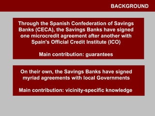 BACKGROUND Through the Spanish Confederation of Savings Banks (CECA), the Savings Banks have signed one microcredit agreement after another with Spain's Official Credit Institute (ICO) Main contribution: guarantees On their own, the Savings Banks have signed myriad agreements with local Governments Main contribution: vicinity-specific knowledge  