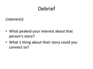 Debrief Listener(s): What peaked your interest about that person’s story? What 1 thing about their story could you connect to?  