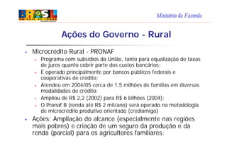 Ministério da Fazenda
Ações do Governo - Rural
§ Microcrédito Rural - PRONAF
§ Programa com subsídios da União, tanto para equalização de taxas
de juros quanto cobrir parte dos custos bancários;
§ É operado principalmente por bancos públicos federais e
cooperativas de crédito;
§ Atendeu em 2004/05 cerca de 1,5 milhões de famílias em diversas
modalidades de crédito;
§ Ampliou de R$ 2,2 (2002) para R$ 6 bilhões (2004);
§ O Pronaf B (renda até R$ 2 mil/ano) será operado na metodologia
de microcrédito produtivo orientado (crediamigo)
§ Ações: Ampliação do alcance (especialmente nas regiões
mais pobres) e criação de um seguro da produção e da
renda (parcial) para os agricultores familiares;
 