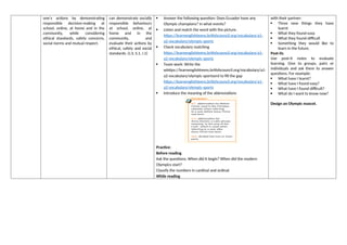 one’s actions by demonstrating
responsible decision-making at
school, online, at home and in the
community, while considering
ethical standards, safety concerns,
social norms and mutual respect.
can demonstrate socially
responsible behaviours
at school, online, at
home and in the
community, and
evaluate their actions by
ethical, safety and social
standards. (J.3, S.1, I.1)
 Answer the following question: Does Ecuador have any
Olympic champions? In what events?
 Listen and match the word with the picture.
https://learnenglishteens.britishcouncil.org/vocabulary/a1-
a2-vocabulary/olympic-sports
 Check vocabulary matching
https://learnenglishteens.britishcouncil.org/vocabulary/a1-
a2-vocabulary/olympic-sports
 Team work: Write the
whttps://learnenglishteens.britishcouncil.org/vocabulary/a1-
a2-vocabulary/olympic-sportsord to fill the gap
https://learnenglishteens.britishcouncil.org/vocabulary/a1-
a2-vocabulary/olympic-sports
 Introduce the meaning of the abbreviations
Practice:
Before reading
Ask the questions: When did it begin? When did the modern
Olympics start?
Classify the numbers in cardinal and ordinal
While reading
with their partner:
 Three new things they have
learnt
 What they found easy
 What they found difficult
 Something they would like to
learn in the future.
Post-its
Use post-it notes to evaluate
learning. Give to groups, pairs or
individuals and ask them to answer
questions. For example:
 What have I learnt?
 What have I found easy?
 What have I found difficult?
 What do I want to know now?
Design an Olympic mascot.
 