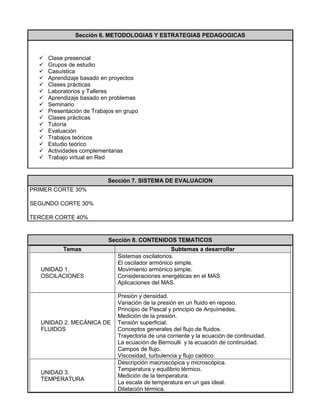 Sección 6. METODOLOGIAS Y ESTRATEGIAS PEDAGOGICAS


     Clase presencial
     Grupos de estudio
     Casuística
     Aprendizaje basado en proyectos
     Clases prácticas
     Laboratorios y Talleres
     Aprendizaje basado en problemas
     Seminario
     Presentación de Trabajos en grupo
     Clases prácticas
     Tutoría
     Evaluación
     Trabajos teóricos
     Estudio teórico
     Actividades complementarias
     Trabajo virtual en Red



                           Sección 7. SISTEMA DE EVALUACION
PRIMER CORTE 30%

SEGUNDO CORTE 30%

TERCER CORTE 40%


                            Sección 8. CONTENIDOS TEMATICOS
           Temas                                    Subtemas a desarrollar
                               Sistemas oscilatorios.
                               El oscilador armónico simple.
   UNIDAD 1.                   Movimiento armónico simple.
   OSCILACIONES                Consideraciones energéticas en el MAS
                               Aplicaciones del MAS.

                               Presión y densidad.
                               Variación de la presión en un fluido en reposo.
                               Principio de Pascal y principio de Arquímedes.
                               Medición de la presión.
   UNIDAD 2. MECÁNICA DE       Tensión superficial.
   FLUIDOS                     Conceptos generales del flujo de fluidos.
                               Trayectoria de una corriente y la ecuación de continuidad.
                               La ecuación de Bernoulli y la ecuación de continuidad.
                               Campos de flujo.
                               Viscosidad, turbulencia y flujo caótico.
                               Descripción macroscópica y microscópica.
                               Temperatura y equilibrio térmico.
   UNIDAD 3.
                               Medición de la temperatura.
   TEMPERATURA
                               La escala de temperatura en un gas ideal.
                               Dilatación térmica.
 