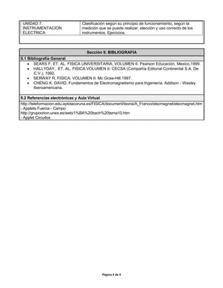 UNIDAD 7.                       Clasificación según su principio de funcionamiento, según la
 INSTRUMENTACION                 medición que se puede realizar, elección y uso correcto de los
 ELECTRICA                       instrumentos. Ejercicios.



                                   Sección 9. BIBLIOGRAFIA
9.1 Bibliografía General
     SEARS F, ET. AL. FISICA UNIVERSITARIA. VOLUMEN II. Pearson Educación, Mexico,1999.
     HALLYDAY, ET. AL. FISICA.VOLUMEN II. CECSA (Compañía Editorial Continental S.A. De
       C.V.), 1992.
     SERWAY R. FISICA. VOLUMEN II. Mc Graw-Hill.1997.
     CHENG K. DAVID. Fundamentos de Electromagnetismo para Ingeniería. Addison - Wesley
       Iberoamericana.

9.2 Referencias electrónicas y Aula Virtual
http://teleformacion.edu.aytolacoruna.es/FISICA/document/teoria/A_Franco/elecmagnet/elecmagnet.htm
- Applets Fuerza - Campo
http://grupoorion.unex.es/web/1%BA%20bach%20tema10.htm
- Applet Circuitos




                                            Página 4 de 4
 