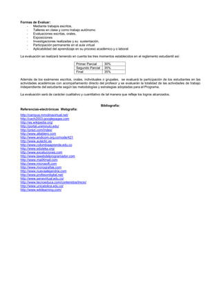 Formas de Evaluar:
   -   Mediante trabajos escritos,
   -   Talleres en clase y como trabajo autónomo
   -   Evaluaciones escritas, orales,
   -   Exposiciones
   -   Investigaciones realizadas y su sustentación.
   -   Participación permanente en el aula virtual
   -   Aplicabilidad del aprendizaje en su proceso académico y o laboral

La evaluación se realizará teniendo en cuenta los tres momentos establecidos en el reglamento estudiantil así:

                                       Primer Parcial      30%
                                       Segundo Parcial     35%
                                       Final               35%

Además de los exámenes escritos, orales, individuales o grupales, se evaluará la participación de los estudiantes en las
actividades académicas con acompañamiento directo del profesor y se evaluarán la totalidad de las actividades de trabajo
independiente del estudiante según las metodologías y estrategias adoptadas para el Programa.

La evaluación será de carácter cualitativo y cuantitativo de tal manera que refleje los logros alcanzados.


                                                         Bibliografía:
Referencias-electrónicas Webgrafía:
http://campus.mmolinavirtual.net/
http://cach2003.googlepages.com
http://es.wikipedia.org/
http://portal.uniminuto.edu/
http://prezi.com/index/
http://www.altablero.com
http://www.andicom.org.co/node/421
http://www.aulaclic.es
http://www.colombiaaprende.edu.co
http://www.eduteka.org/
http://www.exceluciones.com
http://www.lawebdelprogramador.com
http://www.mailXmail.com
http://www.microsoft.com
http://www.monografias.com
http://www.nuevaalejandria.com
http://www.profesordigital.net/
http://www.senavirtual.edu.co/
http://www.tecnoeduca.com/contenidos/Inicio/
http://www.unicatolica.edu.co/
http://www.wikilearning.com/
 