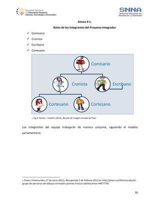 30
Anexo # 1.
Roles de los integrantes del Proyecto Integrador
 Comisario
 Cronista
 Escribano
 Cortesano
4
2. Fig.4. Santos – Cedeño (2013), Basada de imagen tomada de Pixer
Los integrantes del equipo trabajarán de manera conjunta, siguiendo el modelo
parlamentario.
2. Pixers, Fotomurales, (7 de Junio 2011), Recuperada 5 de Febrero 2013 en http://pixers.es/fotomurales/el-
grupo-de-personas-de-dibujos-animados-jovenes-frescas-adolescentes-44477745
Comisario
Cronista
Cortesano Cortesano
Escribano
 