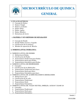 MICROCURRÍCULO DE QUIMICA
                                         GENERAL

3. ENLACES QUÍMICOS
    Concepto de Enlace
    Enlaces Simple
    Enlaces covalentes
    Enlace Polar
    Enlace Apolar
    Enlace Metalico
    Estructuras de Lewis

 4. MATERIA Y SUS METODOS DE SEPARACION

     Concepto de Estado
     Estado Sólido, Gaseoso y Liquido
     Clasificación de la sustancia
     Métodos de separación de Mezclas

5. NOMENCLATURA INORGANICA

 NOMENCLATURA DE OXIDOS
   Definición de Óxidos
   Clasificación de Óxidos
   Nomenclatura Tradicional para Óxidos
   Nomenclatura Stock para Óxidos
   Nomenclatura Sistemática para Óxidos
 NOMENCLATURA DE HIDROXIDOS
   Conceptos
   Clasificación de los Hidróxidos
   Nomenclatura Tradicional para bases
   Nomenclatura Stock para bases
   Nomenclatura Sistemática para bases
 NOMENCLATURA DE ACIDOS OXACIDOS E HIDRACIDOS
   Definición de sales
   Clasificación de las sales
   Nomenclatura Tradicional
   Nomenclatura Stock
   Nomenclatura Sistemática
 NOMENCLATURA DE SALES NEUTRA, DOBLES, ACIDAS Y BASICAS
   Conceptos
   Nomenclatura Tradicional
   Nomenclatura Stock para
   Nomenclatura Sistemática
                                                            Versión 1

                                                           05-03-2008
 