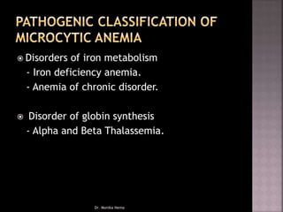  Disorders of iron metabolism
- Iron deficiency anemia.
- Anemia of chronic disorder.
 Disorder of globin synthesis
- Alpha and Beta Thalassemia.
Dr. Monika Nema
 