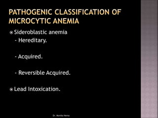  Sideroblastic anemia
- Hereditary.
- Acquired.
- Reversible Acquired.
 Lead Intoxication.
Dr. Monika Nema
 