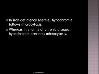  In iron deficiency anemia, hypochromia
follows microcytosis.
 Whereas in anemia of chronic disease,
hypochromia preceeds microcytosis.
Dr. Monika Nema
 
