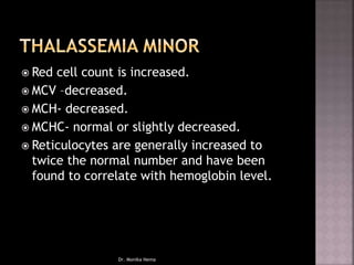  Red cell count is increased.
 MCV –decreased.
 MCH- decreased.
 MCHC- normal or slightly decreased.
 Reticulocytes are generally increased to
twice the normal number and have been
found to correlate with hemoglobin level.
Dr. Monika Nema
 