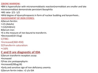 2)BONE MARROW:
•BM is hypercellular with micronormoblastic reaction(normoblast are smaller and late
micronormoblast demonstrate persistant Basophilia
•ME ratio- 2/1- 1/2
•Mild degree of dyserythropoesis in form of nuclear budding and karyorrhexis..
3)ASSESSMENT OF IRON STORES:
A)Serum ferritin:
•<15 (Adults)
•<12(children)
B)Serum iron:
•It is the measure of iron bound to transferrin.
•Decreased(10-15ug)
C)TIBC:
•Increased(360-450)
D)Transferrin saturation:
•<16%
C and D are diagnostic of IDA.
E)Serum transferrin receptors assay:
•Increased
F)Free zinc protoporphyrin:
•Increased(200ug/dl)
•Early and sensitive sign of iron deficiency anemia.
G)Serum ferrtin index: >2 s/o IDA
 
