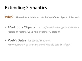 Extending Semantics
Why? - Limited Html labels and attributes/infinite objects of the world

• Mark up a Object?           person/event/review/product/movie
  <person> <name>your name<name></person>


• Web’s Data?        for script / machines
  <div yourData=“data for machine”>visible content</div>
 