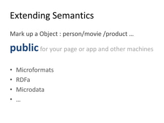 Extending Semantics
Mark up a Object : person/movie /product …

public for your page or app and other machines
•   Microformats
•   RDFa
•   Microdata
•   …
 