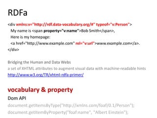 RDFa
<div xmlns:v="http://rdf.data-vocabulary.org/#" typeof="v:Person">
 My name is <span property="v:name">Bob Smith</span>,
 Here is my homepage:
 <a href="http://www.example.com" rel="v:url">www.example.com</a>.
</div>

Bridging the Human and Data Webs
a set of XHTML attributes to augment visual data with machine-readable hints
http://www.w3.org/TR/xhtml-rdfa-primer/


vocabulary & property
Dom API
document.getItemsByType("http://xmlns.com/foaf/0.1/Person");
document.getItemByProperty("foaf:name", "Albert Einstein");
 