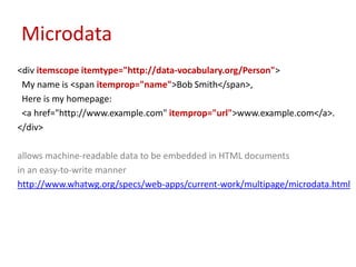 Microdata
<div itemscope itemtype="http://data-vocabulary.org/Person">
 My name is <span itemprop="name">Bob Smith</span>,
 Here is my homepage:
 <a href="http://www.example.com" itemprop="url">www.example.com</a>.
</div>

allows machine-readable data to be embedded in HTML documents
in an easy-to-write manner
http://www.whatwg.org/specs/web-apps/current-work/multipage/microdata.html
 