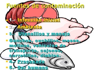 Fuentes de contaminaciónFuentes de contaminación
• 1.-1.- IInfección inicialnfección inicial
• 2.-2.- AmbienteAmbiente
• 3.-3.-   Utensilios y manejoUtensilios y manejo
• Ganchos, cuchillos, mesas,Ganchos, cuchillos, mesas,
molinos, vehículos demolinos, vehículos de
transporte, cajones,transporte, cajones,
carretillas, diablos.carretillas, diablos.
• 4.-4.- ProcesadoProcesado
• 5.-5.- Ser humanoSer humano
 