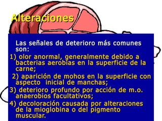 Las señales de deterioro más comunesLas señales de deterioro más comunes
son:son:
1) olor anormal, generalmente debido a1) olor anormal, generalmente debido a
bacterias aerobias en la superficie de labacterias aerobias en la superficie de la
carne;carne;
2) aparición de mohos en la superficie con2) aparición de mohos en la superficie con
aspecto inicial de manchas;aspecto inicial de manchas;
3) deterioro profundo por acción de m.o.3) deterioro profundo por acción de m.o.
anaerobios facultativos;anaerobios facultativos;
4) decoloración causada por alteraciones4) decoloración causada por alteraciones
de la mioglobina o del pigmentode la mioglobina o del pigmento
muscular.muscular.
AlteracionesAlteraciones
 