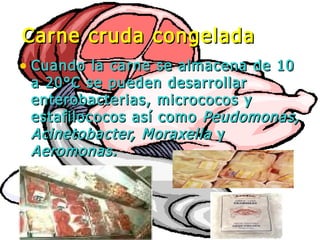 • Cuando la carne se almacena de 10Cuando la carne se almacena de 10
a 20°C se pueden desarrollara 20°C se pueden desarrollar
enterobacterias, micrococos yenterobacterias, micrococos y
estafilococos así comoestafilococos así como Peudomonas,Peudomonas,
Acinetobacter, MoraxellaAcinetobacter, Moraxella yy
Aeromonas.Aeromonas.
Carne cruda congeladaCarne cruda congelada
 