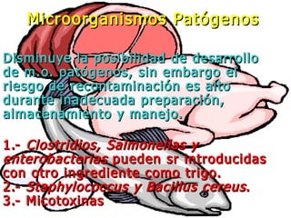 Microorganismos PatógenosMicroorganismos Patógenos
Disminuye la posibilidad de desarrolloDisminuye la posibilidad de desarrollo
de m.o. patógenos, sin embargo elde m.o. patógenos, sin embargo el
riesgo de recontaminación es altoriesgo de recontaminación es alto
durante inadecuada preparación,durante inadecuada preparación,
almacenamiento y manejo.almacenamiento y manejo.
1.-1.- Clostridios, Salmonellas yClostridios, Salmonellas y
enterobacteriasenterobacterias pueden sr introducidaspueden sr introducidas
con otro ingrediente como trigo.con otro ingrediente como trigo.
2.-2.- Staphylococcus y Bacillus cereusStaphylococcus y Bacillus cereus..
3.- Micotoxinas3.- Micotoxinas
 