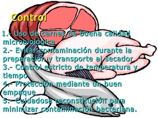 ControlControl
1.- Uso de carnes de buena calidad1.- Uso de carnes de buena calidad
microbiológicamicrobiológica
2.- Evitar contaminación durante la2.- Evitar contaminación durante la
preparación y transporte al secadorpreparación y transporte al secador
3.- Control estricto de temperatura y3.- Control estricto de temperatura y
tiempotiempo
4.- Protección mediante un buen4.- Protección mediante un buen
empaqueempaque
5.- Cuidadosa reconstitución para5.- Cuidadosa reconstitución para
minimizar contaminación bacteriana.minimizar contaminación bacteriana.
 