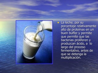 • La leche, por suLa leche, por su
porcentaje relativamenteporcentaje relativamente
alto de proteínas en unalto de proteínas en un
buen buffer y permitebuen buffer y permite
que permite que lasque permite que las
bacterias proliferen ybacterias proliferen y
produzcan ácido, a loproduzcan ácido, a lo
largo del procesolargo del proceso
fermentativo, antes defermentativo, antes de
que se detenga laque se detenga la
multiplicación.multiplicación.
 