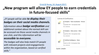 11
Ernst & Young, 14. August 2017:
„New program will allow EY people to earn credentials
in future-focused skills”
„EY peo...