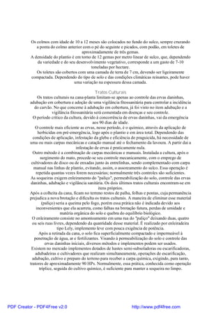 Os colmos com idade de 10 a 12 meses são colocados no fundo do sulco, sempre cruzando
             a ponta do colmo anterior com o pé do seguinte e picados, com podão, em toletes de
                                       aproximadamente de três gemas.
          A densidade do plantio é em torno de 12 gemas por metro linear de sulco, que, dependendo
             da variedade e do seu desenvolvimento vegetativo, corresponde a um gasto de 7-10
                                            toneladas por hectare.
             Os toletes são cobertos com uma camada de terra de 7 cm, devendo ser ligeiramente
          compactada. Dependendo do tipo de solo e das condições climáticas reinantes, pode haver
                                  uma variação na espessura dessa camada.

                                                   Tratos Culturais
               Os tratos culturais na cana-planta limitam-se apenas ao controle das ervas daninhas,
          adubação em cobertura e adoção de uma vigilância fitossanitária para controlar a incidência
             do carvão. No que concerne à adubação em cobertura, já foi visto no item adubação e a
                        vigilância fitossanitária será comentada em doenças e seu controle.
            O período crítico da cultura, devido à concorrência de ervas daninhas, vai da emergência
                                                 aos 90 dias de idade.
             O controle mais eficiente as ervas, nesse período, é o químico, através da aplicação de
               herbicidas em pré-emergência, logo após o plantio e em área total. Dependendo das
            condições de aplicação, infestação da gleba e eficiência do praguicida, há necessidade de
          uma ou mais carpas mecânicas e catação manual até o fechamento da lavoura. A partir dai a
                                        infestação de ervas é praticamente nula.
            Outro método é a combinação de carpas mecânicas e manuais. Instalada a cultura, após o
                 surgimento do mato, procede-se seu controle mecanicamente, com o emprego de
           cultivadores de disco ou de enxadas junto às entrelinhas, sendo complementado com carpa
             manual nas linhas de plantio, evitando, assim, o assoreamento do sulco. Essa operação é
              repetida quantas vezes forem necessárias; normalmente três controles são suficientes.
           As soqueiras exigem enleiramento do "paliço", permeabilização do solo, controle das ervas
           daninhas, adubação e vigilância sanitária. Os dois últimos tratos culturais encontram-se em
                                                     itens próprios.
          Após a colheita da cana, ficam no terreno restos de palha, folhas e pontas, cuja permanência
          prejudica a nova brotação e dificulta os tratos culturais. A maneira de eliminar esse material
                  (paliço) seria a queima pelo fogo, porém essa prática não é indicada devido aos
              inconvenientes que ela acarreta, como falhas na brotação futura, perdas de umidade e
                              matéria orgânica do solo e quebra do equilíbrio biológico.
            O enleiramento consiste no amontoamento em uma rua do "paliço" deixando duas, quatro
            ou seis ruas livres, dependendo da quantidade desse material. É realizado por enleiradeira
                            tipo Lely, implemento leve com pouca exigência de potência.
                Após a retirada da cana, o solo fica superficialmente compactado e impermeável à
             penetração de água, ar e fertilizantes. Visando à permeabilização do solo e controle das
                    ervas daninhas iniciais, diversos métodos e implementos podem ser usados.
           Existem no mercado implementos dotados de hastes semi-subsoladoras ou escarificadoras,
              adubadeiras e cultivadores que realizam simultaneamente, operações de escarificação,
            adubação, cultivo e preparo do terreno para receber a carpa química, exigindo, para tanto,
          tratores de aproximadamente 90 HPs. Normalmente, essa prática, conhecida como operação
                tríplice, seguida do cultivo químico, é suficiente para manter a soqueira no limpo.




PDF Creator - PDF4Free v2.0                                          http://www.pdf4free.com
 