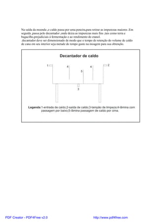 Na saída da moenda ,o caldo passa por uma peneira,para retirar as impurezas maiores .Em
          seguida ,passa pelo decantador ,onde deiza as impurezas mais fins ,tais como terra e
          bagacilho,prejudiciais à fermentação e ao rendimento do etanol.
          .decantador deve ser dimensionado de modo que o tempo de retenção do volume de caldo
          de cana em seu interior seja metade do tempo gasto na moagem para sua obtenção.




PDF Creator - PDF4Free v2.0                                       http://www.pdf4free.com
 