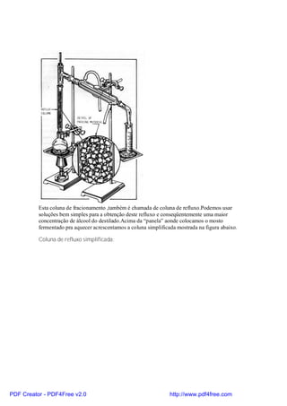 Esta coluna de fracionamento ,também é chamada de coluna de refluxo.Podemos usar
          soluções bem simples para a obtenção deste refluxo e conseqüentemente uma maior
          concentração de álcool do destilado.Acima da “panela” aonde colocamos o mosto
          fermentado pra aquecer acrescentamos a coluna simplificada mostrada na figura abaixo.

          Coluna de refluxo simplificada:




PDF Creator - PDF4Free v2.0                                       http://www.pdf4free.com
 