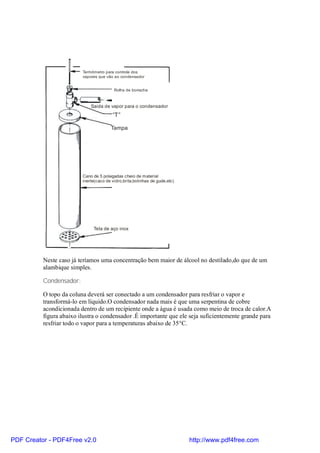 Termômetro para controle dos
                         vapores que vão ao condensador


                                         Rolha de borracha



                             Saida de vapor para o condensador
                                        “T”

                                       Tampa




                         Cano de 5 polegadas cheio de material
                         inerte(caco de vidro,brita,bolinhas de gude,etc)




                              Tela de aço inox




          Neste caso já teríamos uma concentração bem maior de álcool no destilado,do que de um
          alambique simples.

          Condensador:

          O topo da coluna deverá ser conectado a um condensador para resfriar o vapor e
          transformá-lo em líquido.O condensador nada mais é que uma serpentina de cobre
          acondicionada dentro de um recipiente onde a água é usada como meio de troca de calor.A
          figura abaixo ilustra o condensador .É importante que ele seja suficientemente grande para
          resfriar todo o vapor para a temperaturas abaixo de 35°C.




PDF Creator - PDF4Free v2.0                                                 http://www.pdf4free.com
 