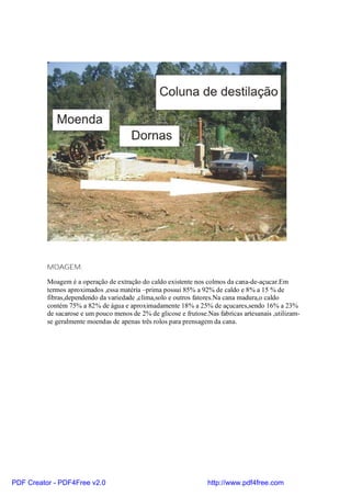 MOAGEM:

          Moagem é a operação de extração do caldo existente nos colmos da cana-de-açucar.Em
          termos aproximados ,essa matéria –prima possui 85% a 92% de caldo e 8% a 15 % de
          fibras,dependendo da variedade ,clima,solo e outros fatores.Na cana madura,o caldo
          contém 75% a 82% de água e aproximadamente 18% a 25% de açucares,sendo 16% a 23%
          de sacarose e um pouco menos de 2% de glicose e frutose.Nas fabricas artesanais ,utilizam-
          se geralmente moendas de apenas três rolos para prensagem da cana.




PDF Creator - PDF4Free v2.0                                        http://www.pdf4free.com
 