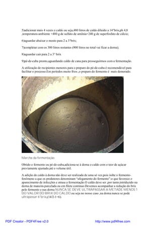 5)adicionar mais 4 vezes o caldo ou seja,480 litros de caldo diluído a 14°brix,ph 4,8
          ,temperatura ambiente +480 g de sulfato de amônia+240 g de superfosfato de cálcio;

          6)aguardar abaixar o mosto para 2 a 3°brix;

          7)completar com os 300 litros restantes (900 litros no total vai ficar a dorna);

          8)aguardar cair para 2 a 3° brix

          9)pé-de-cuba pronto,aguardando caldo de cana para prosseguirmos com a fermentação.

          A utilização de recipientes menores para o preparo do pé-de-cuba é recomendável para
          facilitar o processo.Em períodos muito frios ,o preparo do fermento é mais demorado.




          Marcha da fermentação:

          Obtido o fermento ou pé-de-cuba,adiciona-se à dorna o caldo com o teor de açúcar
          previamente ajustado,até o volume útil.

          A adição do caldo à dorna não deve ser realizada de uma só vez,pois inibe o fermento-
          fenômeno a que os produtores denominam “afogamento do fermento”-o que favorece o
          aparecimento de infecções e atrasa a fermentação.O caldo deve ser ,por tanto,intriduzido na
          dorna de maneira parcelada ou em filete continuo.Devemos acompanhar a redução do brix
          pelo fermento e nas dorna NUNCA SE DEVE ULTRAPASSAR A METADE MENOS 1
          DO VALOR DO BRIX DO CALDO,ou seja no nosso caso ,na dorna nunca se pode
          ultrapassar 6°brix,(14/2-1=6).




PDF Creator - PDF4Free v2.0                                           http://www.pdf4free.com
 