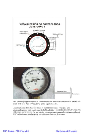 Vale lembrar que precisaremos de 2 termômetros,um para cada controlador de refluxo.Sua
          escala pode ir de 0 até 150 ou 250°C ,como alguns modelos.

          Os controladores de refluxo são peças de metal (no meu caso optei pelo ferro
          galvanizado,por ser mais barato e de fácil obtenção),de 4 polegadas de diâmetro(100 mm)
          e 30 cm de comprimento.Em seu interior vai uma serpentina de cobre ,feita com tubos de
          5/16” utilizados em instalações de gás,utilizamos 5 metros deste cano.




PDF Creator - PDF4Free v2.0                                      http://www.pdf4free.com
 