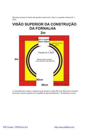 Devemos assentar os tijolos das paredes externas de 1 tijolo e as paredes internas de ½
          tijolo.




          A construção deve seguir o esquema assim até que se atinja 40cm de altura,neste momento
          deveremos montar a grelha,com vergalhão de aproximadamente ½ de diâmetro ou mais.




PDF Creator - PDF4Free v2.0                                         http://www.pdf4free.com
 