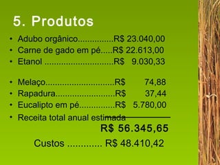 5. Produtos Adubo orgânico...............R$ 23.040,00 Carne de gado em pé.....R$ 22.613,00 Etanol .............................R$  9.030,33  Melaço.............................R$  74,88 Rapadura.........................R$  37,44 Eucalipto em pé...............R$  5.780,00 Receita total anual estimada   R$ 56.345,65 Custos ............. R$ 48.410,42 