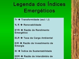 Legenda dos Índices Emergéticos Tr    Transformidade (seJ / J)  % R    Renovabilidade EYR    Razão de Rendimento Emergético ELR    Taxa da Carga Ambiental EIR    Razão de Investimento de Emergia SI    Índice de Sustentabilidade  EER    Razão de Intercâmbio de Emergia 