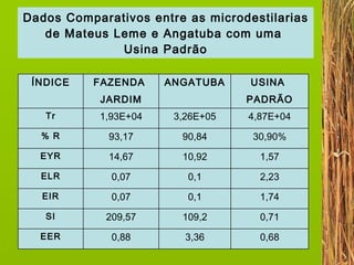 Dados Comparativos entre as microdestilarias de Mateus Leme e Angatuba com uma  Usina Padrão 0,68 3,36 0,88 EER 0,71 109,2 209,57 SI 1,74 0,1 0,07 EIR 2,23 0,1 0,07 ELR 1,57 10,92 14,67 EYR 30,90% 90,84 93,17 % R 4,87E+04 3,26E+05 1,93E+04 Tr PADRÃO JARDIM USINA  ANGATUBA FAZENDA  ÍNDICE 
