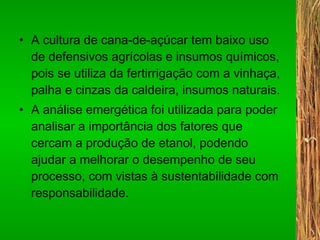 A cultura de cana-de-açúcar tem baixo uso de defensivos agrícolas e insumos químicos, pois se utiliza da fertirrigação com a vinhaça, palha e cinzas da caldeira, insumos naturais. A análise emergética foi utilizada para poder analisar a importância dos fatores que cercam a produção de etanol, podendo ajudar a melhorar o desempenho de seu processo, com vistas à sustentabilidade com responsabilidade. 