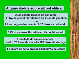 Duas possibilidades de consumo: 1 litro de álcool hidratado = 0,7 litros de gasolina ou 1 litro de gasolina contém 0,25 litros álcool anidro 85% dos carros flex utilizam álcool hidratado Alguns dados sobre álcool etílico: 1 tonelada de cana-de-açúcar  produz 70 litros de etanol = 980 litros de vinhaça 1 hectare de cana produz 6.000 litros de etanol 