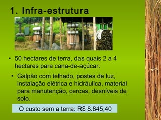 1. Infra-estrutura 50 hectares de terra, das quais 2 a 4 hectares para cana-de-açúcar. O custo sem a terra: R$ 8.845,40 Galpão com telhado, postes de luz, instalação elétrica e hidráulica, material para manutenção, cercas, desníveis de solo. 