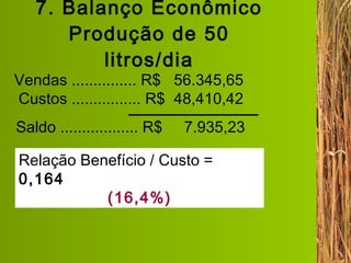 7. Balanço Econômico Produção de 50 litros/dia Vendas ............... R$  56.345,65  Custos ................ R$  48,410,42 Saldo .................. R$  7.935,23 Relação Benefício / Custo =  0,164 (16,4%) 