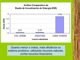 Quanto menor o índice, mais eficiência no  sistema produtivo, utilizando recursos naturais,  contra recursos financeiros 