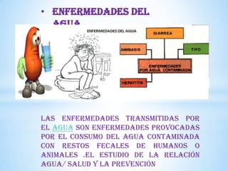 • ENFERMEDADES DEL
AGUA

Las enfermedades transmitidas por
el agua son enfermedades provocadas
por el consumo del agua contaminada
con restos fecales de humanos o
animales .El estudio de la relación
agua/ salud y la prevención

 