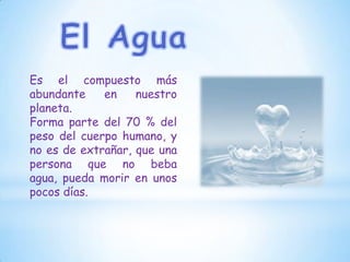 Es el compuesto más
abundante
en
nuestro
planeta.
Forma parte del 70 % del
peso del cuerpo humano, y
no es de extrañar, que una
persona que no beba
agua, pueda morir en unos
pocos días.

 