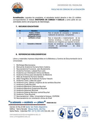 FACULTAD DE CIENCIAS DE LA EDUCACIÓN
Acreditación. Logrados los propósitos, el estudiante tendrá derecho a dos (2) créditos
correspondientes al módulo ANATOMIA DE CABEZA Y CUELLO y como parte de sus
actividades dentro del programa de Odontología.
7. RECURSO EDUCATIVOS
N Nombre Justificación
1 Textos, revistas
Institucionales y
Bibliografía Virtual.
Para el estudio de conceptos y ejemplos y
realización de ejercicios competentes
4 Anfiteatro virtual Para el desarrollo e implementación de las
distintas temáticas, a través de aprendizaje
didáctico con imágenes que soporten la teoría.
5 Conexión a Internet Estudio de temáticas a través de Objetos
virtuales de aprendizaje de otras
Universidades.
8. REFERENCIAS BIBLIOGRÁFICAS
Libros y materiales impresos disponibles en la Biblioteca y Centros de Documentación de la
Universidad.
1. Morfologia Macroscopica.
2. Manual de Anatomía Humana Darío Cadena.
3. Neuroanatomía Funcional. Jairo Bustamante.
4. Anatomía Humana. Latarjet Ruiz Liard.
5. Anatomía con Orientación Clínica de Moore.
6. Anatomía Clínica para estudiantes de Medicina
7. Atlas de Anatomía Humana Sobotta
8. Atlas Fotográfico de Anatomía Humana Yokochi
9. Anatomía Texto y atlas de Lipper
10. Anatomía Cara, cabeza y órganos de los sentidos Bouchet
11. Anatomía Cuello Bouchet
12. Anatomía Miembros inferiores Bouchet
13. Anatomía Miembros Superiores Bouchet
14. Anatomía Abdomen Bouchet
15. Anatomía Sistema Nervioso central Bouchet
16. Anatomía Tórax Bouchet
17. Neuroanatomía I. Atlas. Universidad el bosque. CD/ROM.
18. Neuroanatomía con orientación clínica de Snell
 