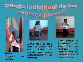 John dibuja la
                  María hace su casa     experiencia    que
                  hace un jardín allí    tuvo    con     las
                  ubica    todos   los   hormigas          e
                  insectos que nombró    insectos que se
Brayan                                   nombraron en el
                  anteriormente y las
dibujando   las                          conversatorio.
                  hormigas.
hormigas.
 
