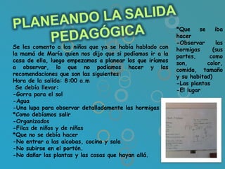 *Que     se    iba
                                                          hacer
                                                          -Observar      las
Se les comento a los niños que ya se había hablado con    hormigas      (sus
la mamá de María quien nos dijo que si podíamos ir a la   partes,      como
casa de ella, luego empezamos a planear los que iríamos   son,        color,
a observar, lo que no podíamos hacer y las                comida, tamaño
recomendaciones que son las siguientes:                   y su habitad)
Hora de la salida: 8:00 a.m                               -Las plantas
 Se debía llevar:                                         -El lugar
-Gorra para el sol
-Agua
-Una lupa para observar detalladamente las hormigas
*Como debíamos salir
-Organizados
-Filas de niños y de niñas
*Que no se debía hacer
-No entrar a las alcobas, cocina y sala
-No subirse en el portón.
-No dañar las plantas y las cosas que hayan allá.
 