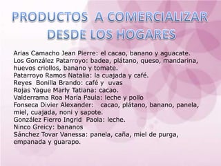 Arias Camacho Jean Pierre: el cacao, banano y aguacate.
Los González Patarroyo: badea, plátano, queso, mandarina,
huevos criollos, banano y tomate.
Patarroyo Ramos Natalia: la cuajada y café.
Reyes Bonilla Brando: café y uvas
Rojas Yague Marly Tatiana: cacao.
Valderrama Roa María Paula: leche y pollo
Fonseca Divier Alexander: cacao, plátano, banano, panela,
miel, cuajada, noni y sapote.
González Fierro Ingrid Paola: leche.
Ninco Greicy: bananos
Sánchez Tovar Vanessa: panela, caña, miel de purga,
empanada y guarapo.
 