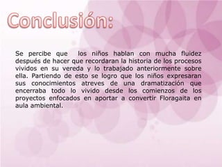 Se percibe que      los niños hablan con mucha fluidez
después de hacer que recordaran la historia de los procesos
vividos en su vereda y lo trabajado anteriormente sobre
ella. Partiendo de esto se logro que los niños expresaran
sus conocimientos atreves de una dramatización que
encerraba todo lo vivido desde los comienzos de los
proyectos enfocados en aportar a convertir Floragaita en
aula ambiental.
 